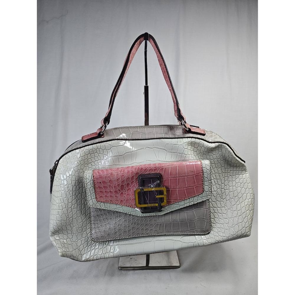 GUESS Kairi Satchel Bag White Multi Croc Embossed Patent Handbag NWT PA415309